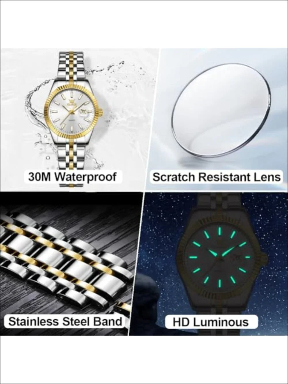 Stainless Steel Women's Dress Watch with Date Luminous Fluted Bezel